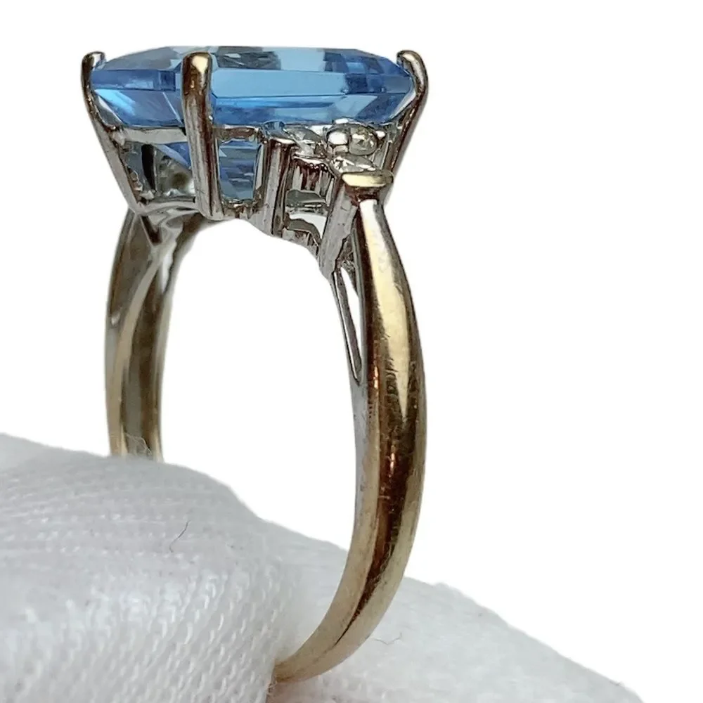10k 10KT Karat Fine Solid White Gold Blue Topaz & Diamond Ring Women’s 6.5